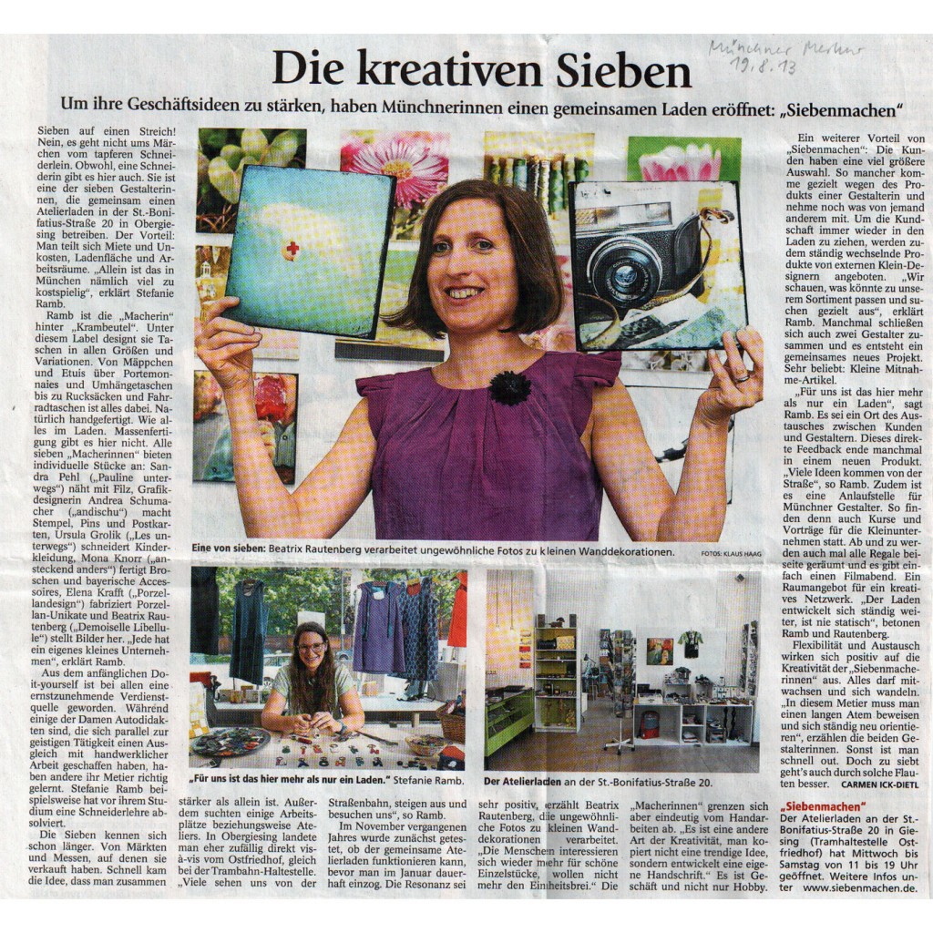 siebenmachen krambeutel Deine Wunschtasche Atelierladen München Giesing Artikel im Münchner Merkur 19.8.2013 August 2013