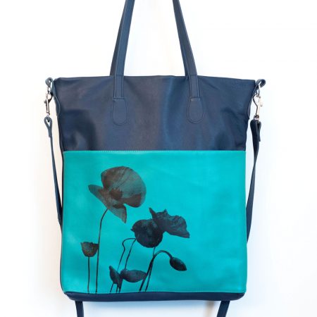 Shopper aus Leder mit Mohn-Siebdruck, dunkelblau/mint, gefüttert, angenäht in München von krambeutel Deine Wunschtasche www.krambeutel.de Stefanie Ramb